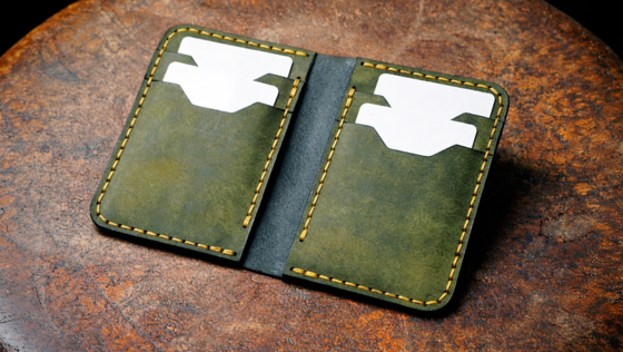 Finished vertical leather wallet example made from free PDF pattern