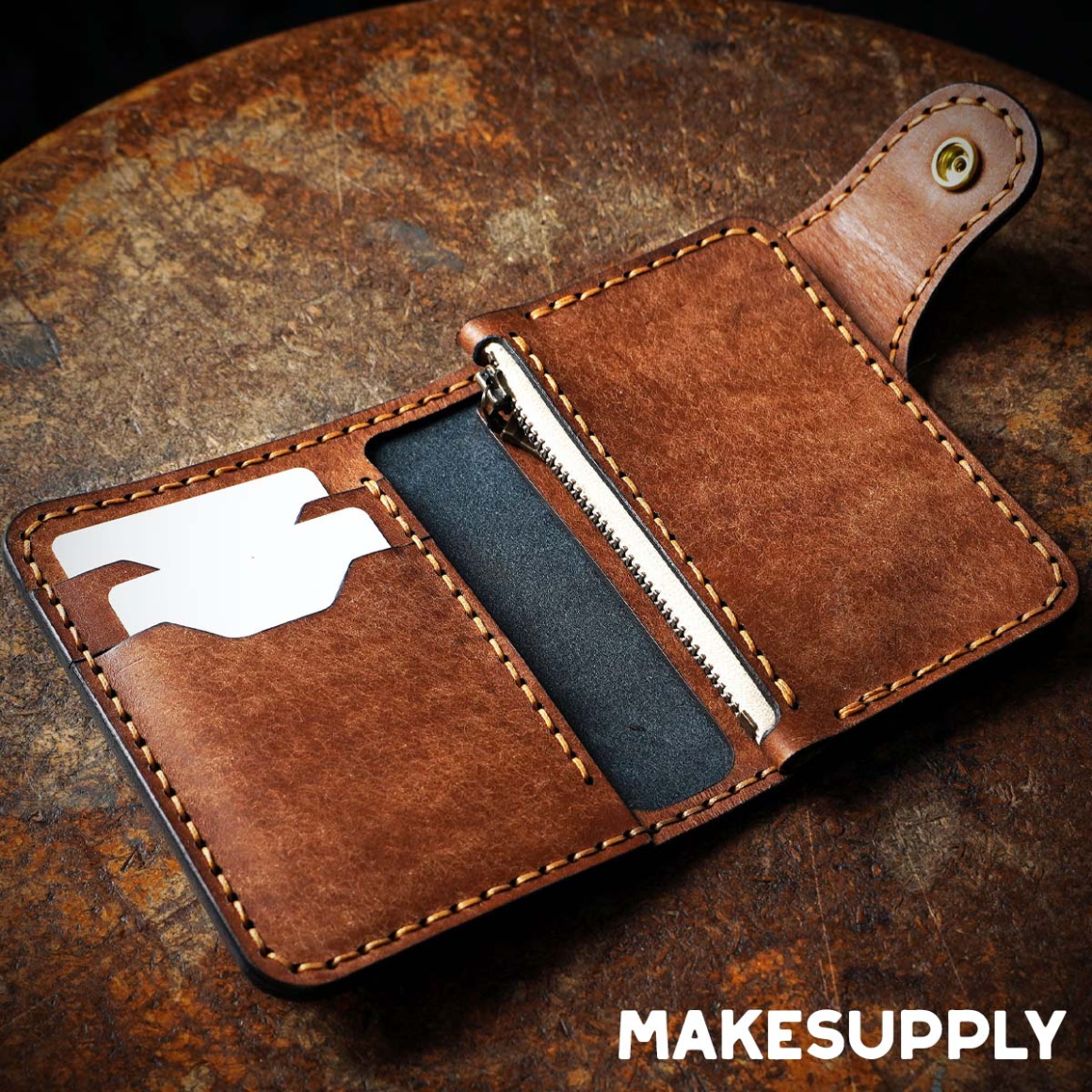 leather vertical snap wallet interior with zipper pocket