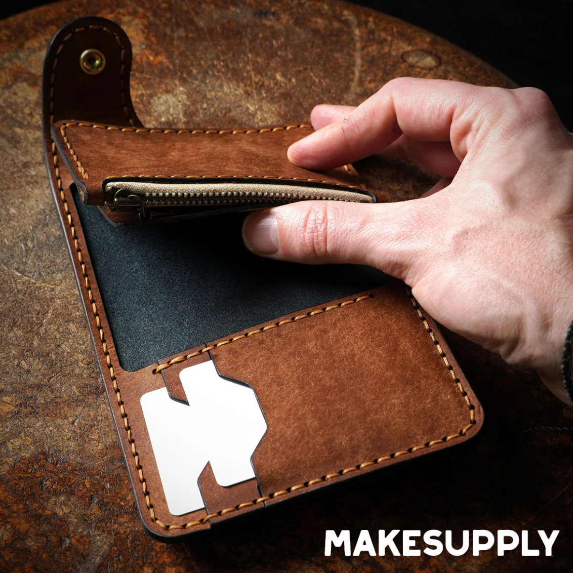handmade leather wallet zippered coin pocket detail