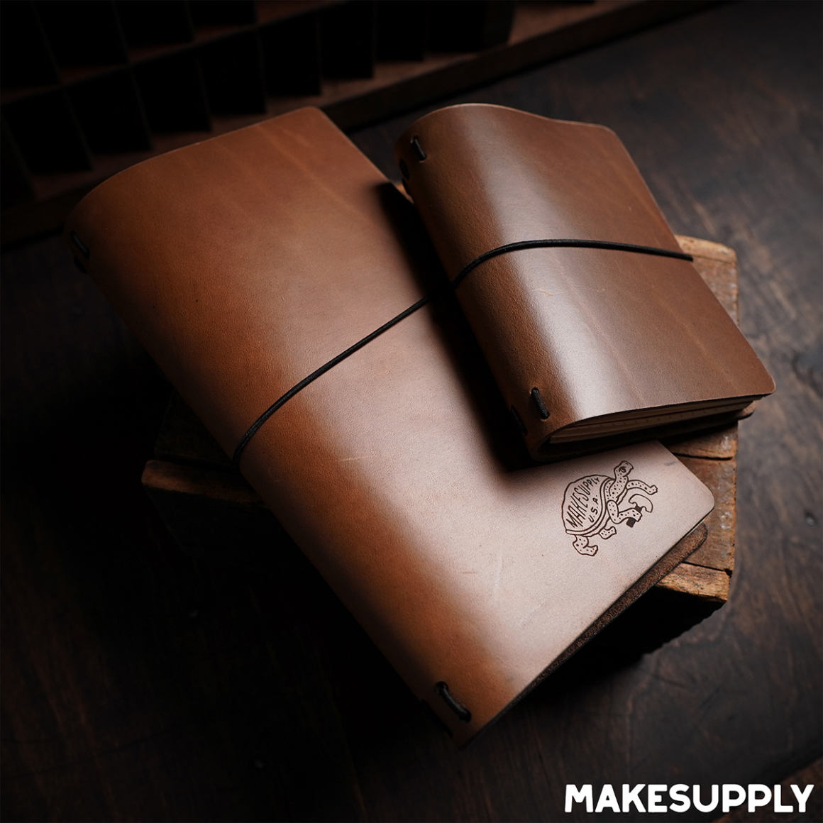 Handcrafted travel-style leather journal covers in traveler and passport sizes.