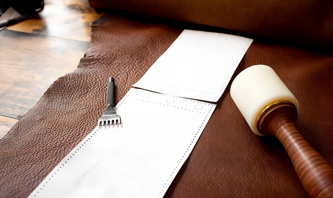 Leather pattern pieces with stitching holes next to pricking iron and mallet