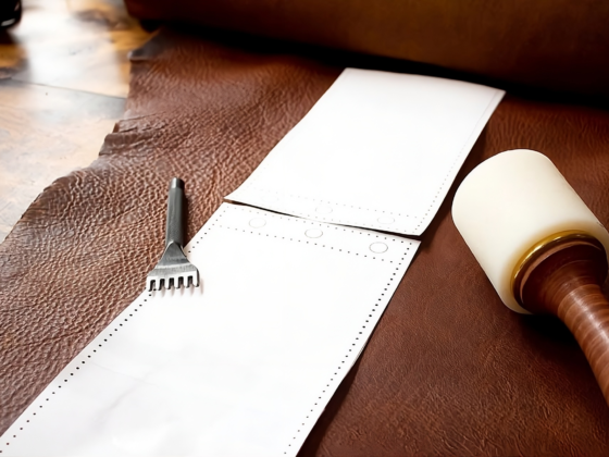 Leather pattern pieces with stitching holes next to pricking iron and mallet