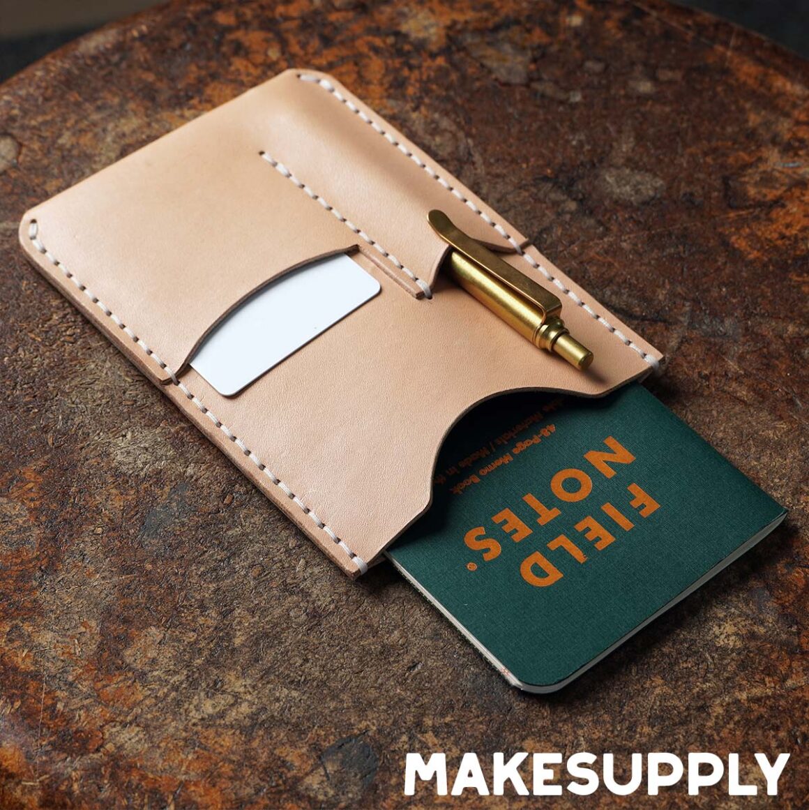 Handmade leather Field Notes notebook cover with pen holder and card pocket, minimalist pocket notebook sleeve