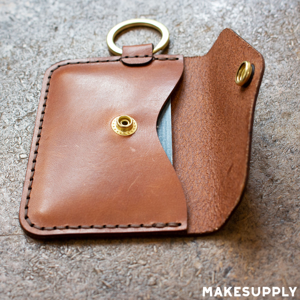 Inside view of leather keychain snap wallet showing snap closure from free PDF pattern