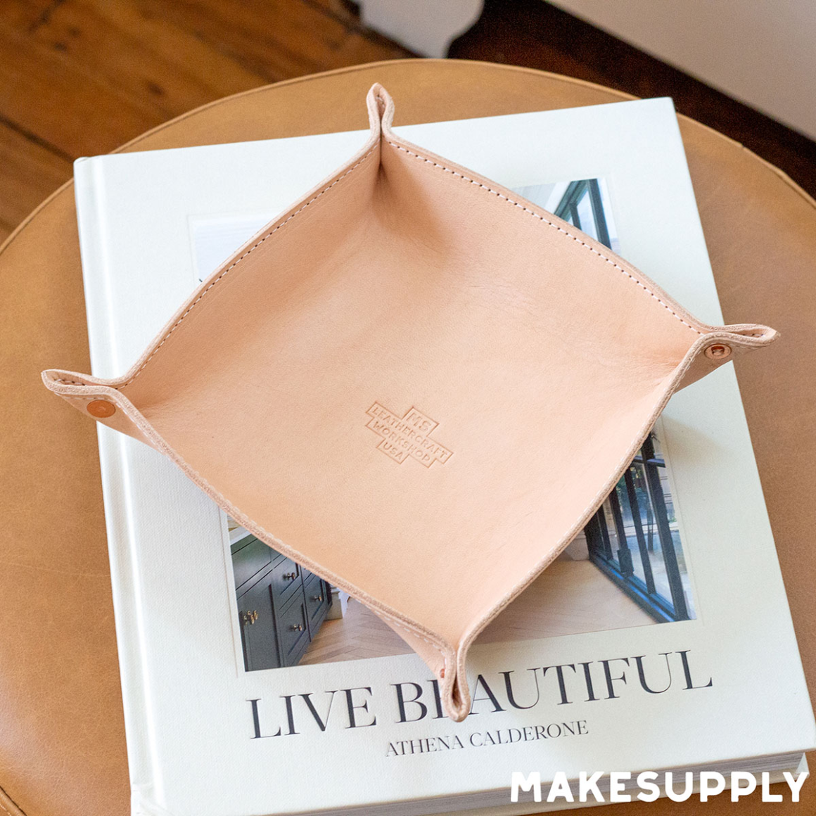 minimal leather valet tray with snap corners open flat