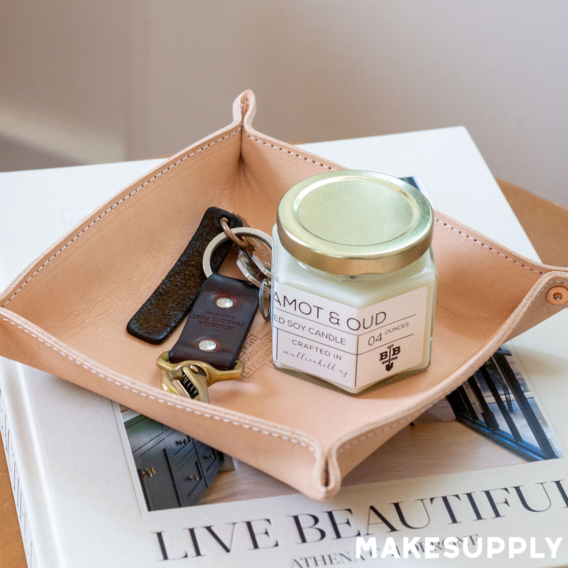 leather valet tray holding keys and small items