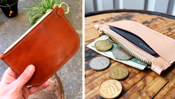 Free leather zip pouch patterns in small and large sizes shown finished with coins and cards