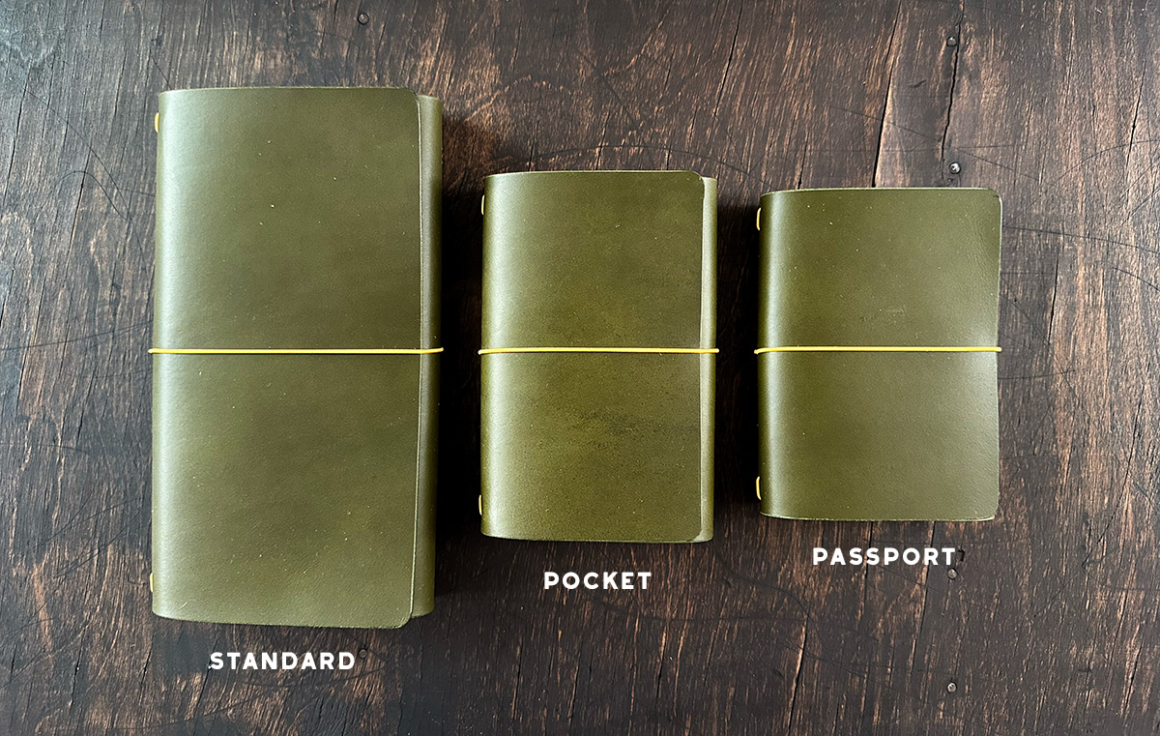 Tri-fold traveler journal leather covers in three sizes (standard, pocket, and passport) with elastic bands on a wooden table, labeled by size.