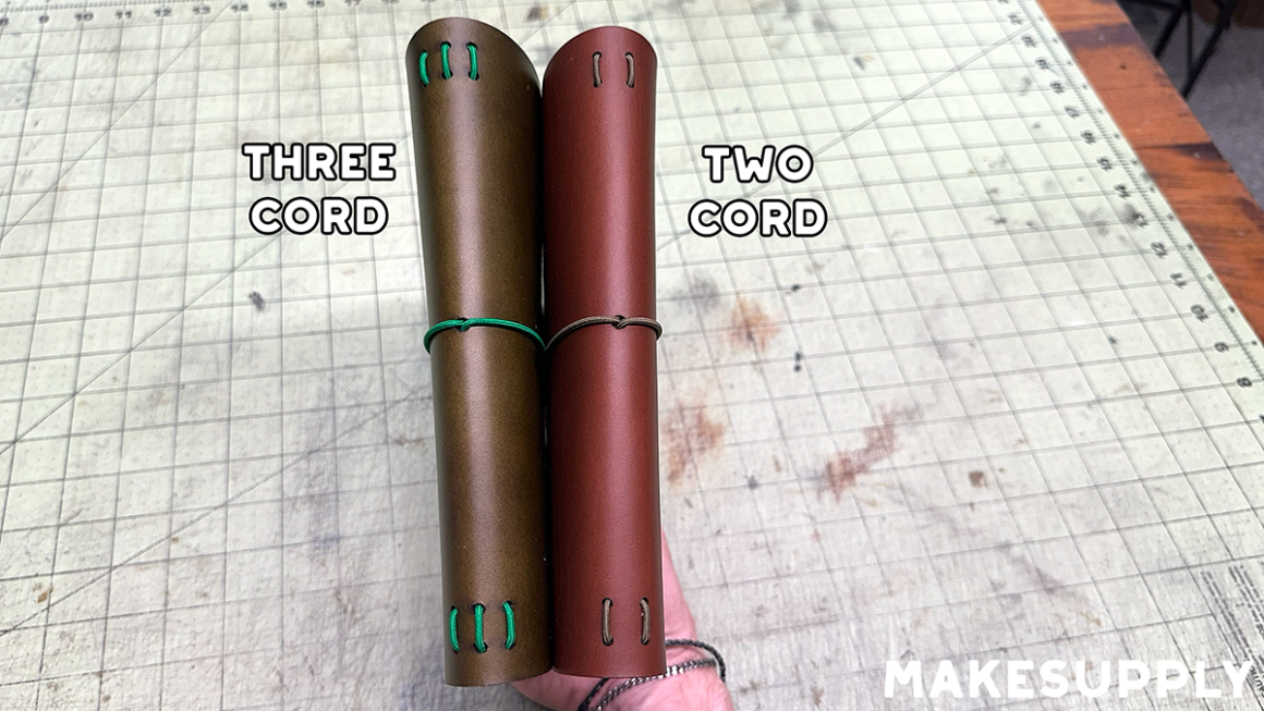 A5 bifold leather notebook cover spine showing two cord vs three cord elastic hole placement options