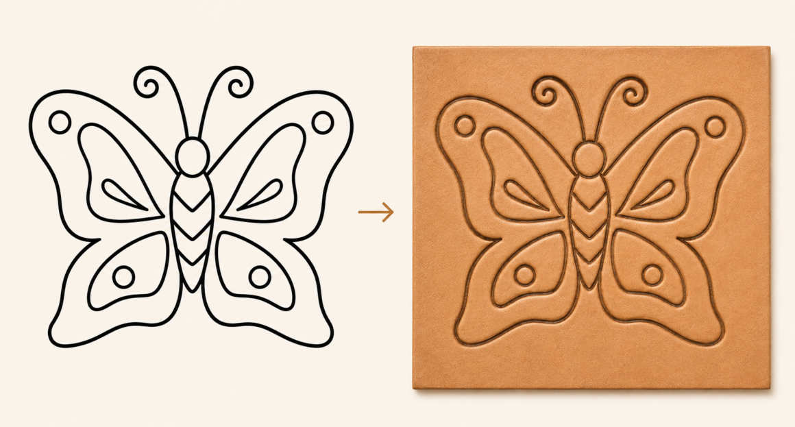Leather tooling pattern showing a tiger head line art stencil transforming into the same design carved and beveled into vegetable-tanned leather.