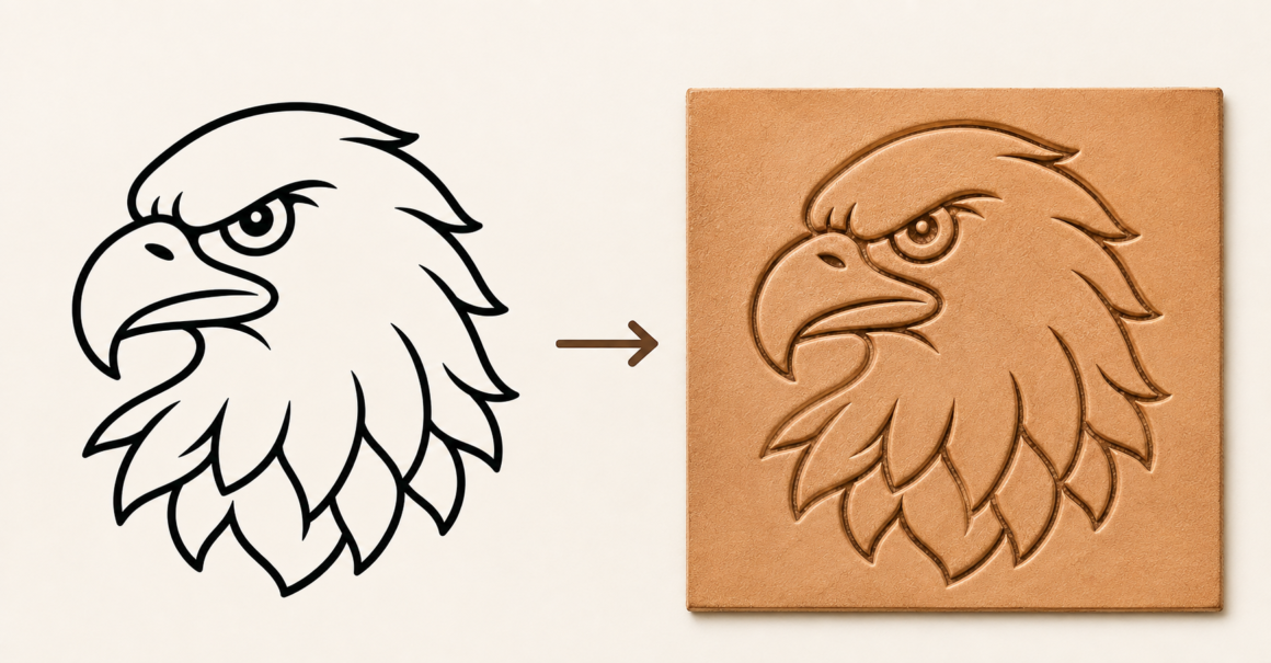 Leather tooling pattern showing an eagle head line art stencil transforming into the same design carved and beveled into vegetable-tanned leather.