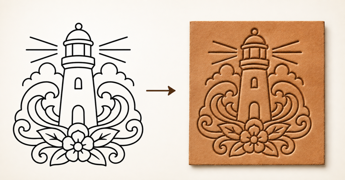 Leather tooling pattern showing a lighthouse line art stencil transforming into the same design carved and beveled into vegetable-tanned leather.